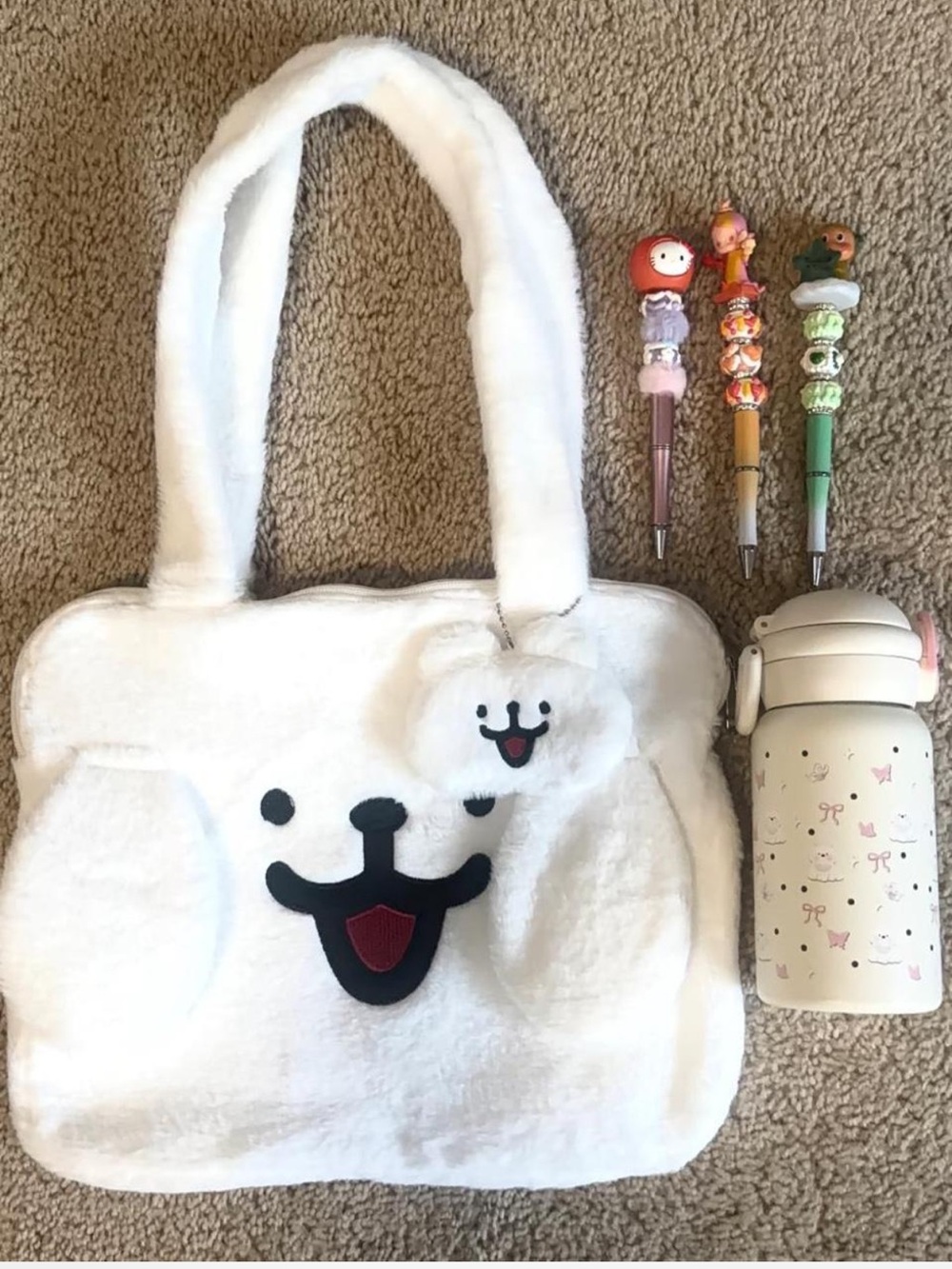White Plush Dog Face Kids Tote Bag - Soft Carry Purse